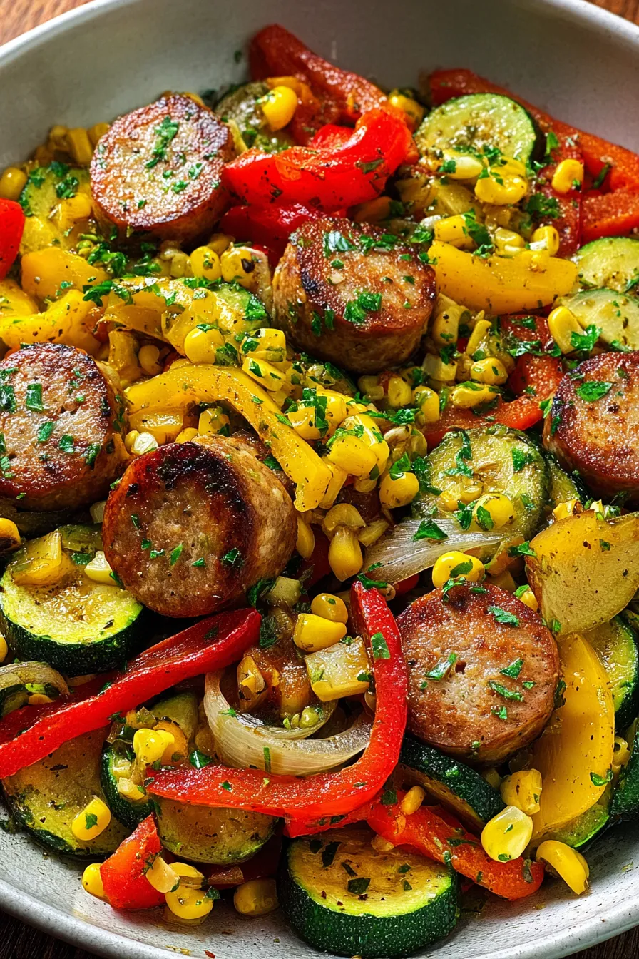 Sausage and Veggies Skillet with Bell Peppers Zucchini and Corn – RecipeSophia